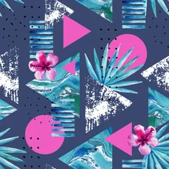 Zelfklevend Fotobehang Abstract summer geometric background with exotic flower and leaves © Tanya Syrytsyna
