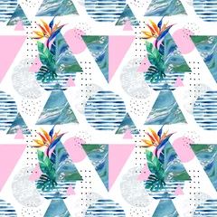 Zelfklevend Fotobehang Abstract summer geometric elements with exotic flower and leaves © Tanya Syrytsyna