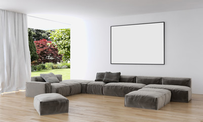 Modern bright living room, white wall. 3D rendering