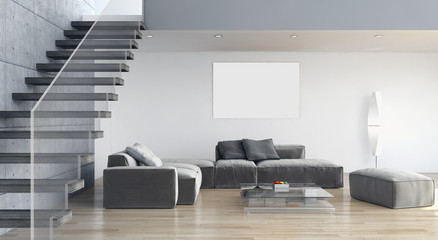 Modern bright living room, white wall. 3D rendering