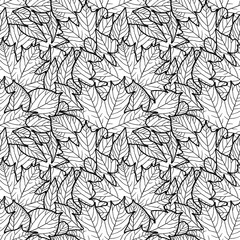 Seamless pattern with leaves. Black and white outline vector image. Adult coloring page