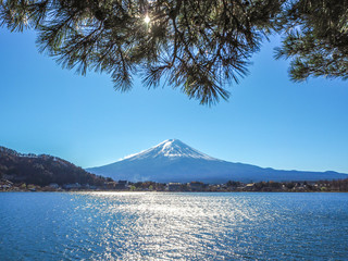 Fuji Mountain in sunshine day at lake view