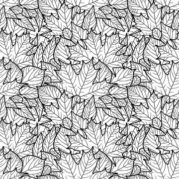 Seamless pattern with leaves. Black and white outline vector image. Adult coloring page