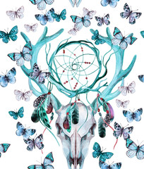 Deer skull seamless pattern. Animal skull with dreamcather and butterfly.