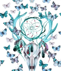 Garden poster Dream catcher Deer skull seamless pattern. Animal skull with dreamcather and butterfly.