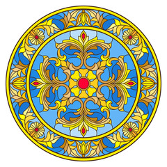 Illustration in stained glass style, round mirror image with floral ornaments and swirls