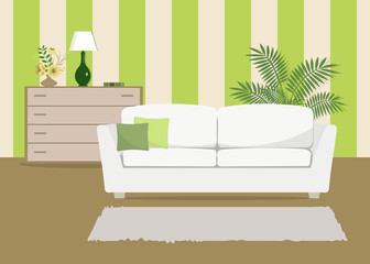 Green living room with a white sofa. There is also a curbstone with flowers and lamp in the picture. Behind the sofa there is a large room flower. Vector flat illustration.