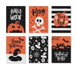 Set of Halloween hand drawn greeting card with calligraphy quotes, words and phrases.