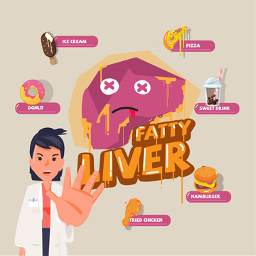 fatty liver character design with dangerous fastfood - vector