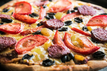 pizza with salami, mushrooms and cheese homemade. shallow depth of field. soft focus
