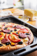 pizza with salami, mushrooms and cheese homemade. shallow depth of field. soft focus