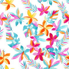 Watercolor exotic flowers and leaves background.