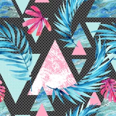 Foto op Canvas Abstract watercolor triangle and exotic leaves seamless pattern. © Tanya Syrytsyna