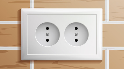Socket Vector. Double Grounded Power Switch. Plastic Standard Panel. Brick Wall. Realistic Illustration