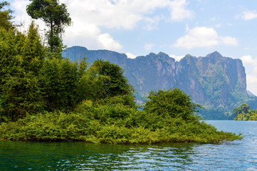 Beautiful mountains lake river sky and natural attractions in Ratchaprapha Dam at Khao Sok National Park, Surat Thani Province, Thailand