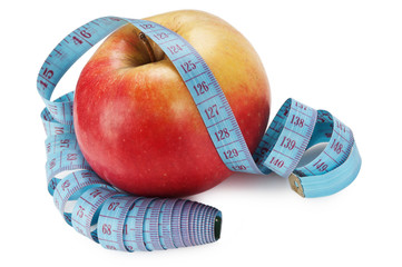 blue measure tape and red apple  isolated
