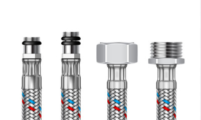 Set of different water fittings with segments of braided hose. Vector realistic illustration.