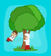 Cartoon Girl Swinging with Her Mother