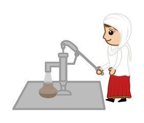 Cartoon Woman Pouring Water from Hand Pump