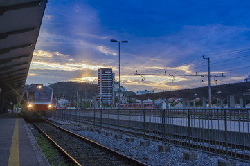 Fototapeta premium Ljubljana train station at sunset.