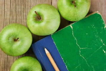 apple and a notebook on a wooden background