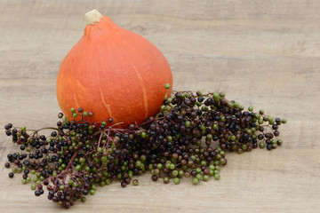 Pumpkin and elderberry lying on wood
