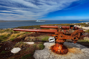 Falklands War, rocky coast with old rusty cannon. Corroded artillery gun from Falklands Conflict in...