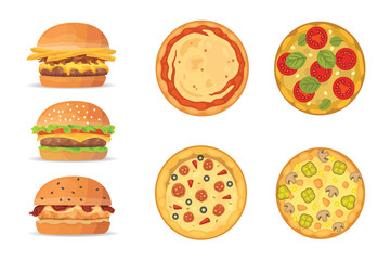 Vector illustration of various fast food. Cartoon pizza and burger isolated illustration