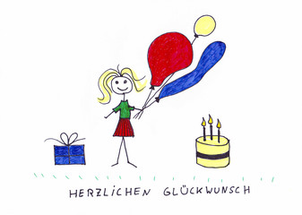 Herzlichen Glückwunsch - Kinder Zeichnung mit Strichmännchen und Luftballons