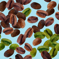 Watercolor seamless pattern with coffee beans.