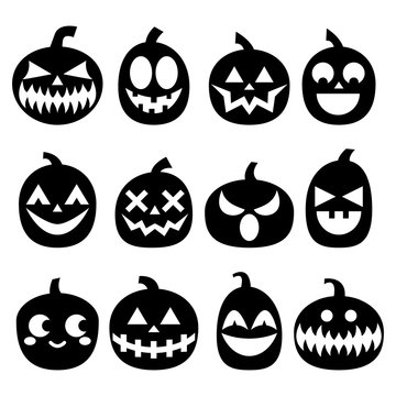 Pumpkin vector icons set, Halloween scary faces design set, horror decoration in black on white background