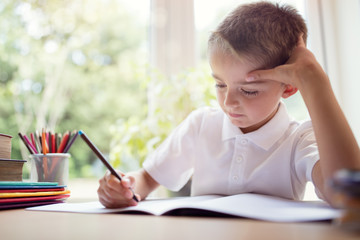 Boy writing doing his school work or homework - obrazy, fototapety, plakaty