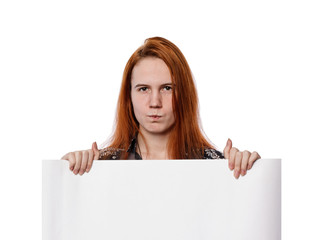 Advertising banner sign - woman doubt
