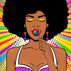 Pop art female face. Sexy african american woman with afro hair, closed eyes, open mouth, bright rainbow lollipop in form of heart in her hand. Vector background in pop art retro comic style. - 170829476