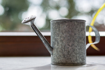 Little metal watering can in front of the window