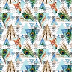 Foto op Canvas triangle seamless pattern with feathers, grunge and watercolor textures © Tanya Syrytsyna