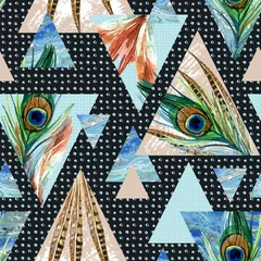 Fotobehang triangle seamless pattern with feathers, grunge and watercolor textures © Tanya Syrytsyna