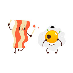 Funny smiling sunny side up egg and fried bacon character, perfect combination, cartoon vector illustration isolated on white background. Funny fried egg and bacon, two smiling breakfast characters
