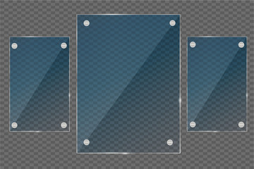 Glass plates set. Vector glass banners on transparent background.