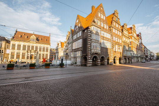 View on the Market square with beautiful old buildings during the morning light in Bremen city, Germany