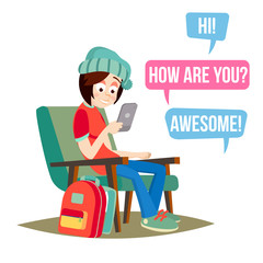 Teen Girl Vector. Young Teen Girl Smiling. Teens Chatting On Messenger. Flat Cartoon Illustration