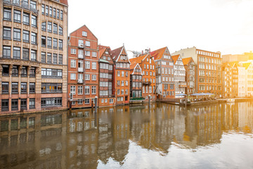 Fototapeta na wymiar Sunset view on the old buildings in Cremon-Insel region of Hamburg city in Germany