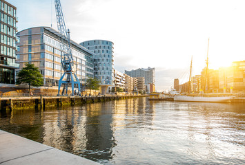 Sunset view on the modern residential district on the harbor of Hafencity in Hamburg, Germany