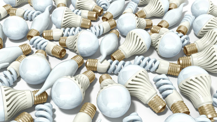 different Lighting Bulbs set 3d render on white background