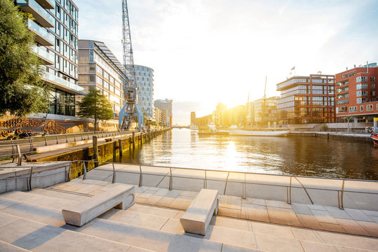 Sunset view on the modern residential district on the harbor of Hafencity in Hamburg, Germany