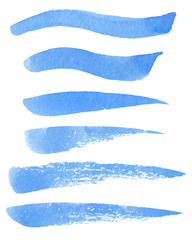 Set of hand painted blue watercolor grunge texture brush strokes of different shapes isolated on the white background.