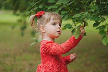 girl looks at unknown berries in park