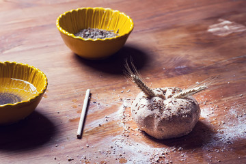 The preparation of the dough for bread.