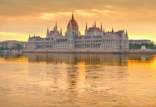 Parliament building in Budapest on a golden sunrise