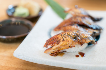 Close up of Unagi Sushi Set Japan eel. Japan food concept in Japanese food restaurant..